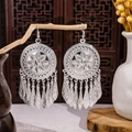 Vintage silver bohemian tassel earrings featuring a flower design and hanging metal leaves - Sun Flower Vintage Silver Metal Tassel Leaf Style (E2894-1)