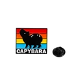 Cartoon enamel pin featuring a black capybara on a colorful striped background with rubber back - Capybara