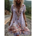 Bohemian purple V-neck maxi dress featuring pink 3D handmade floral details - S / Purple 3D Handmade Flowers (SJWJL-VDQ-05)