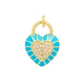 Golden heart padlock charm with blue enamel stripes and clear cubic zirconia - Lake Blue Heart