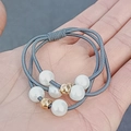 Set of two grey elastic beaded hair ties with white faux pearls and gold metal beads - Two-Piece Set / Gray