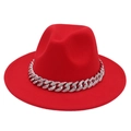 Close-up of red fedora hat with wide brim and diamond-studded silver metal chain - M (56-58cm) / Red