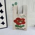 Beige knitted tote bag with cute red flower and bear graphic and Lucky Happy text - Red Flower