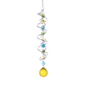 Close-up of silver metal spiral wind spinner with colorful glass beads and yellow crystal - Silver Spiral - Golden Yellow Crystal Ball