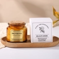 Handmade soy wax candle in amber glass with cork lid and rose illustration box - Tulip Yellow English Pear Freesia