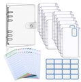 A6 transparenter PVC Budget Planer mit Reißverschlusstaschen und Budgetblättern - Transparentes Set (12 Reißverschlusstaschen + 12 Budgetkarten + 16 Blaue Aufkleber) / A6