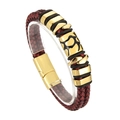 Men's double-layer red braided leather bracelet with gold metal leopard pattern charm - Gold Enamel Pattern Style (KB103436-K)