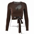 Detail of hollow-out cutout design and waist tie on long sleeve dark brown crop top - S / Brown