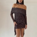 Abito a fascia in rete a pois marrone scuro con maniche lunghe e sciarpa coordinata - S / Marrone Scuro a Pois