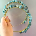 Detail of natural raw teal crystals hand-wired on a golden double-row metal headband - Apatite Gold Wire Gold Headband