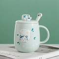 Mug en céramique vert clair avec motif chat, couvercle et cuillère pour café - Chat Vert / Vert