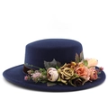 Close-up of navy blue flat top hat with elegant floral decoration and velvet ribbon - M (56-58cm) / Navy Blue