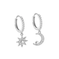 S925 sterling silver hoop earrings with zircon star and crescent moon pendants - Asymmetric Star Moon Earrings / 925 Silver / ERH214 Platinum Plated
