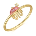 Detail of 18K gold ring with pink semi-round gem and jellyfish-like dangling tentacles - Jellyfish/Pink Stone