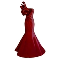 Elegant red one-shoulder evening gown with ruffled detail and fishtail hemline - US size 2 (S) / Burgundy