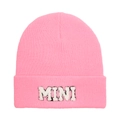 Detailed view of pink knitted baby hat featuring white fuzzy MINI letter embroidery - Kids Style(MINI) / Deep Pink