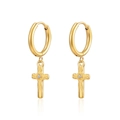 Elegant gold stainless steel hoop earrings with cross pendant and centered cubic zirconia - Cross Zirconia Pendant / Gold