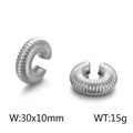 Silver C-shaped hollow clip-on earrings with textured horizontal ribbed finish - Steel Ribbed