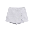 Women's blue and white striped woven mini skort with decorative side buttons on white background - Culotte Pants / XS