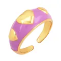 Adjustable copper ring featuring purple enamel finish and golden heart patterns - Purple - Embossed Heart