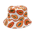 Close-up of orange papaya print and premium fabric stitching on the white bucket hat - White