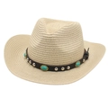 Chapeau de cowboy en paille avec perles turquoise et rivets sur un bandeau en cuir brun - Taille Unique(56-58cm) / Beige