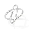 Silver X-shaped criss-cross ring with micro-pave zirconia in stainless steel finish - White Gold with Stones (PBJ130)
