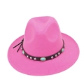 Detail of rose red felt fedora featuring black leather band with turquoise and silver studs - Rose Red