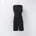 Detailed front view of black V-neck buttoned vest and matching tailored suit shorts set - S / Black
