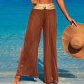 Brown mesh wide-leg beach cover-up pants with gold metallic waist and metal detail - Camel Pants