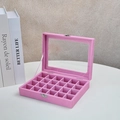 Pink velvet 24-slot jewelry organizer box with clear glass lid and metal latch - 24 Grids / Pink