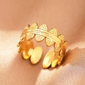 Detailed close-up of golden bohemian open ring with textured oval leaf elements - Gold Dotted Leaf (C1455)