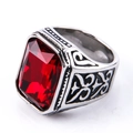 Men's stainless steel ring featuring a large rectangular red gemstone and vintage texture - US 7 / Retro Steel Base Red Gemstone