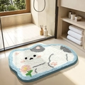 Alfombra de baño absorbente con forma de gato blanco esponjoso y detalles coloridos - Gato observando flores / 48*68cm