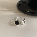 Adjustable S925 silver ring featuring lava texture with black onyx and white gemstone - Silver Lava Black White Stone Open Ring