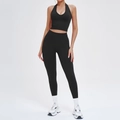Ensemble de yoga noir deux pièces sans couture avec crop top dos nu et legging sport - S / Haut Et Bas / Soutien-gorge de sport + Leggings / Noir Premium