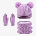 Purple winter knitted 3-piece set for babies with double fur pom hats and warm lining - Purple