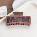 Vintage brown hair claw clip featuring faux leather patch with MOM and football graphic print - Rugby Ball