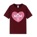 Burgundy Mother's Day T-shirt with pink heart and Mom You Are The Queen print - XS / Tops / Burgundy 318
