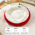 Red apple-shaped plush pet bed with green leaf detail and size chart for cats and dogs - Lychee/Dragon Fruit Round Bed