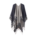 Double-sided poncho in dark blue and light grey with striped borders and fringe trim - Totem Tassel-Navy Blue