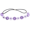 Close-up of purple and white embroidered daisy flowers on a black elastic headband - Purple + White