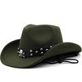 Chapeau de cowboy en feutre vert foncé avec bande de clous tête de mort et cordon - M(56-58CM) Réglable / Vert Armée