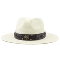 Straw beach cowboy hat in cream with vintage leather band and metal buckle detail - Creamy White