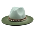 Detail of mint and olive green gradient fedora hat with metal chain and brown ribbon - M (56-58cm) / Mint Green + Army Green