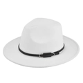 Close-up of white wool fedora hat with a black leather band and silver metal buckle detail - M (56-58cm) / White