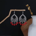 Detail of vintage bohemian silver teardrop earrings with red beaded tassels on wood - Red Beaded Hollow Teardrop Style (E6137-2)