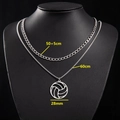 Silver layered volleyball pendant necklace with 28mm disc and 50/60cm double chains - Cuban Chain (50+5) + Box Chain 60