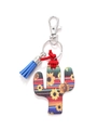 Wooden cactus keychain with leopard sunflower print and stylish blue tassel accessory - Multicolor Print Cactus/Blue Tassel