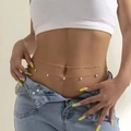 Double-layer gold bikini waist chain featuring small pearl water drop charms - E57-1 Gold Double Layer Drop Pearl Waist Chain
